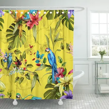 

Pattern Parrots Humming Bird Lily Tropical Leaves and Branches Shower Curtain Waterproof Polyester 60 x 72 inches Set with Hooks