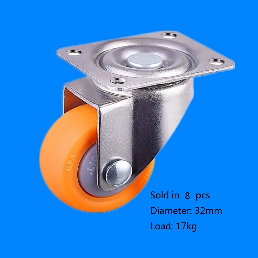 8pcs Nylon All Swivel Caster Wheels Plate Castor for Trolleys, Carts, Sofa, Bed, Orange 32mm, 17kg