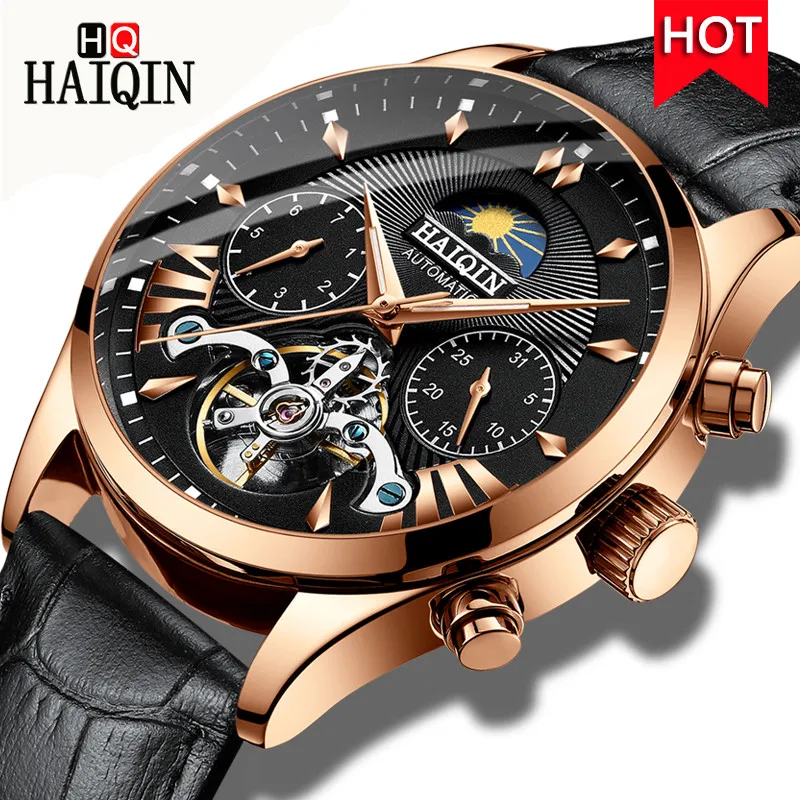 

HAIQIN Waterproof Mens Tourbillon Mechanical Watch Hollow Automatic Watch Men Moon Phase Wristwatch Top Brand Luxury Male Clock