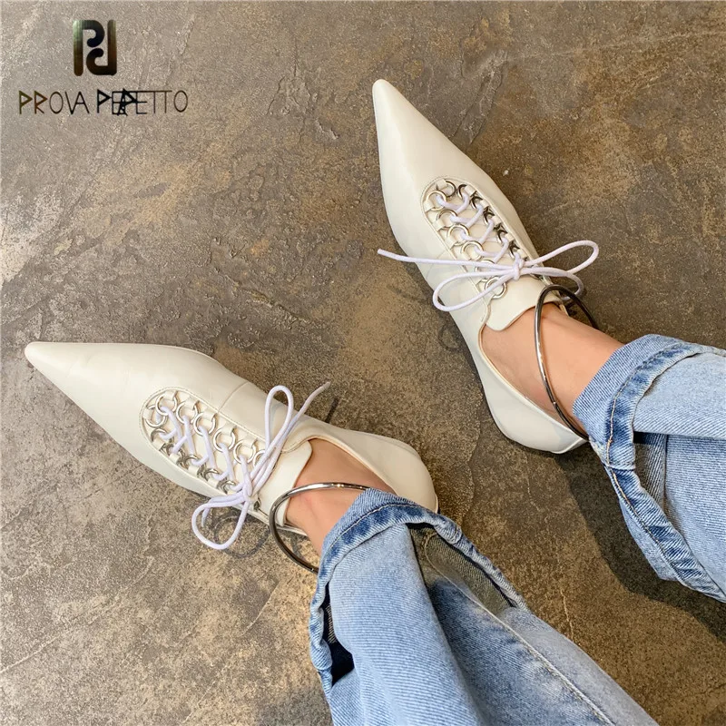 

Prova Perfetto Leisure Prong Zapatos Flat Women Shoes Circular Ring Cross-tied Shallow Shoes Metal Decoration Ladies Boat Shoes