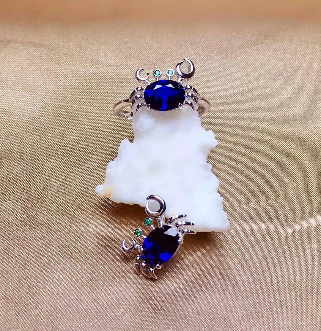 Краб стиль синий сапфир кольцо кулон ожерелье ювелирный набор хорошее ювелирное изделие прекрасный образ натуральный камень 925 серебро подарок для девочки