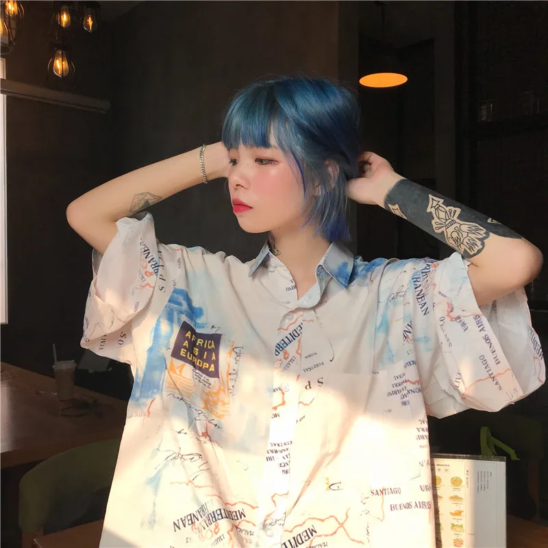 White Новинка, Harajuku Bf, Корейская женская рубашка с принтом, свободная, половина рукава, отложной воротник, топ, блузка, Повседневная Уличная одежда, женские рубашки - Цвет: White