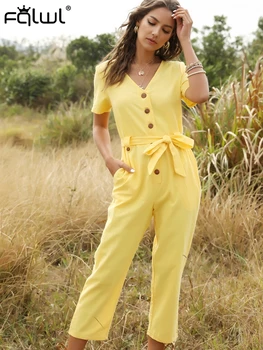 

FQLWL Yellow White Bodycon Rompers Womens Jumpsuit Female Summer Overall Sashes Short Sleeve V Neck Long Ladies Jumpsuit Female