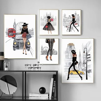 

London Paris Super model Fashion Girl Wall Art Canvas Painting Nordic Posters And Prints Wall Pictures For Living Room Decor