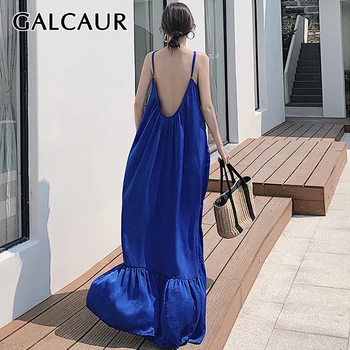 

GALCAUR Vintage Sexy Women's Dress O Neck Sleeveless Spaghetti Strap Backless High Waist Ruffle Maxi Dresses Female 2020 Fashion
