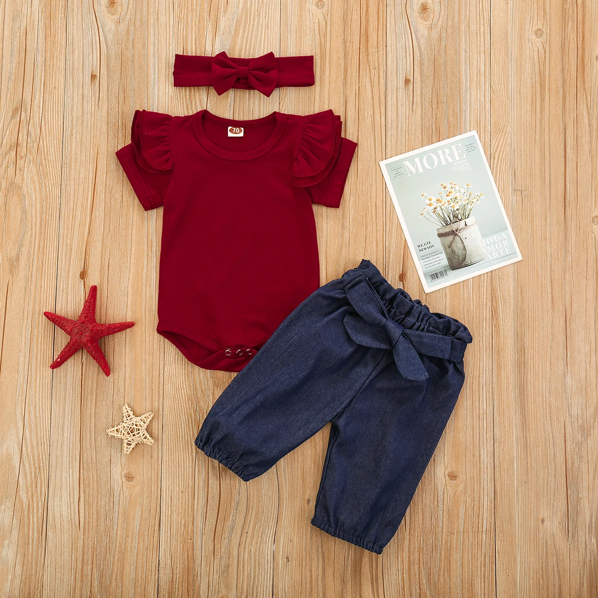 

Summer Toddler Baby Girl Ruffle Short Sleeve Round Neck Romper Long Elastic Band Pants Bow Hair Band Outfits 0-24M