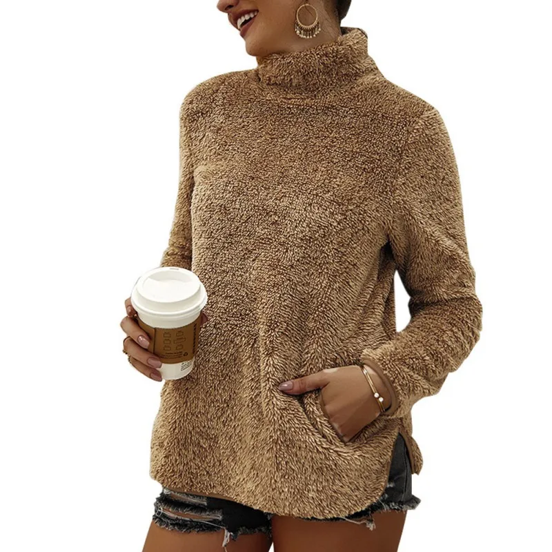 

2019 Autumn Long Sleeve Turtleneck Pullovers Winter Warm Fleece Sweatshirt Women Casual Solid Color Pockets Sweatshirts #25