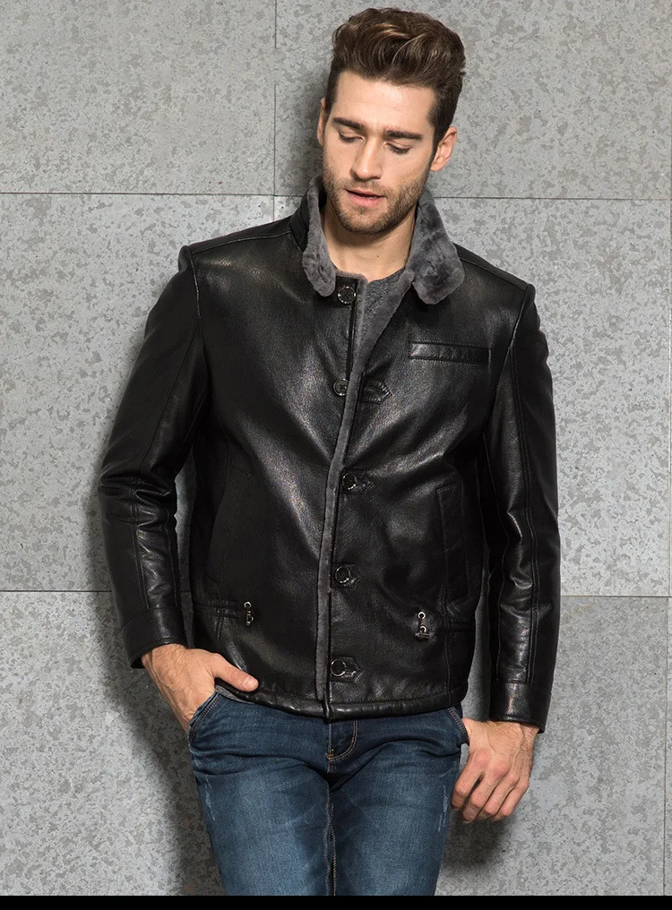 AYUSNUE New Genuine Leather Jacket Men Winter Goatskin Leather Coat Sheep Shearing Men's Leather Jackets 3367 KJ3006
