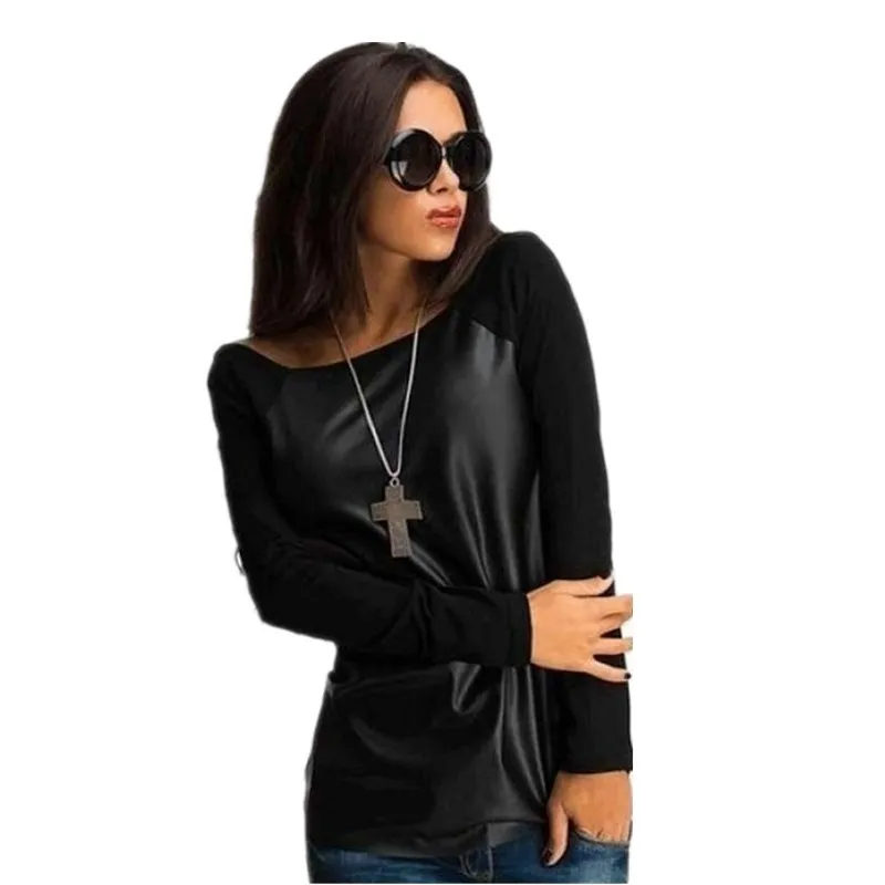 

Womens Long Sleeve Tees Tops Autumn Winter PU Leather T Shirt O Neck Ladies Top Casual Loose T-Shirts Women TShirt