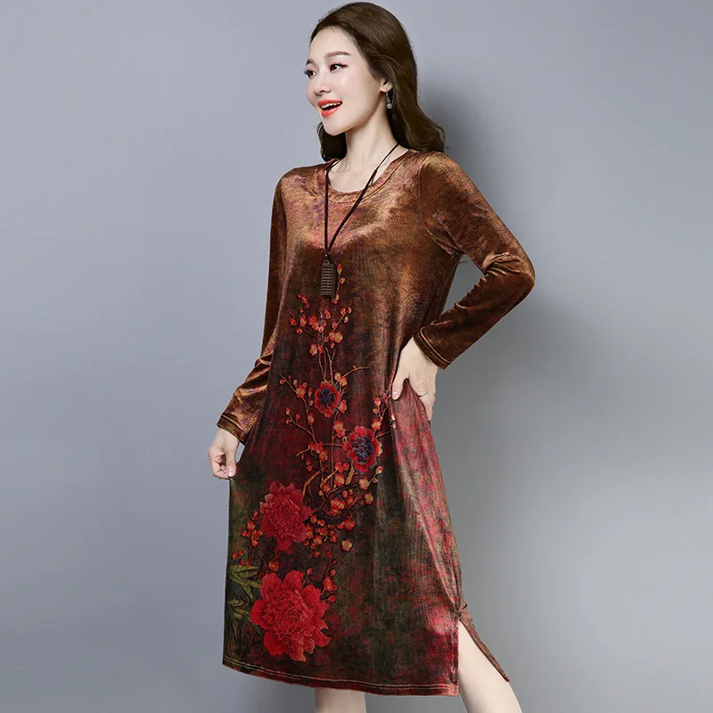 

2019 Spring Middle-aged Women Dress New Style Ethnic-Style Retro Floral Printed Dress Loose-Fit Mid-length Large Size Long Sleev