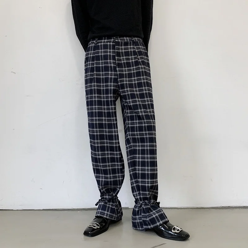 

2020 Spring And Autumn New Original Niche Checkered Temperament Wild Personality Foot Mouth Lace Design Casual Pants Blue M-XL