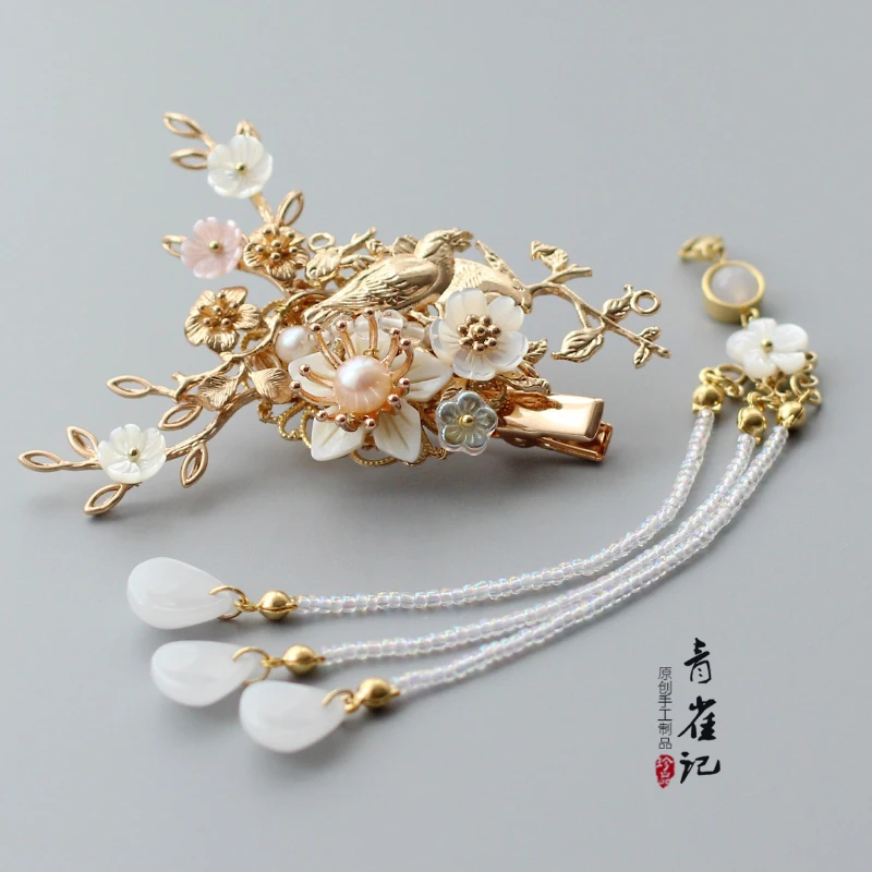vintage handmade hair bun kimono COSPLAY shell flower golden bird tassel hairpin clip Hair accessories Headwear do-up tools