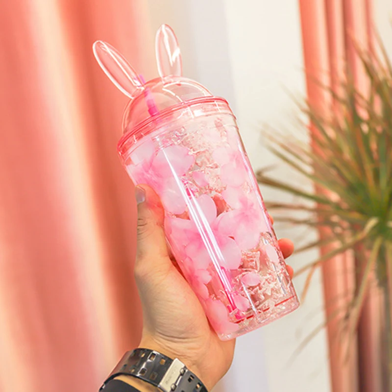 

Cute Cherry Blossoms Rabbit Ear Ices Plastic Straw Cup Double Layer Cooling Student Water Cup MYDING