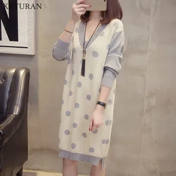 

Dot Pirnt V Neck Sweater Dress 2020 Women Fashion Autumn Winter Knitted Pullovers Sweater Long Sleeve Jumper Pull Femme Oversize