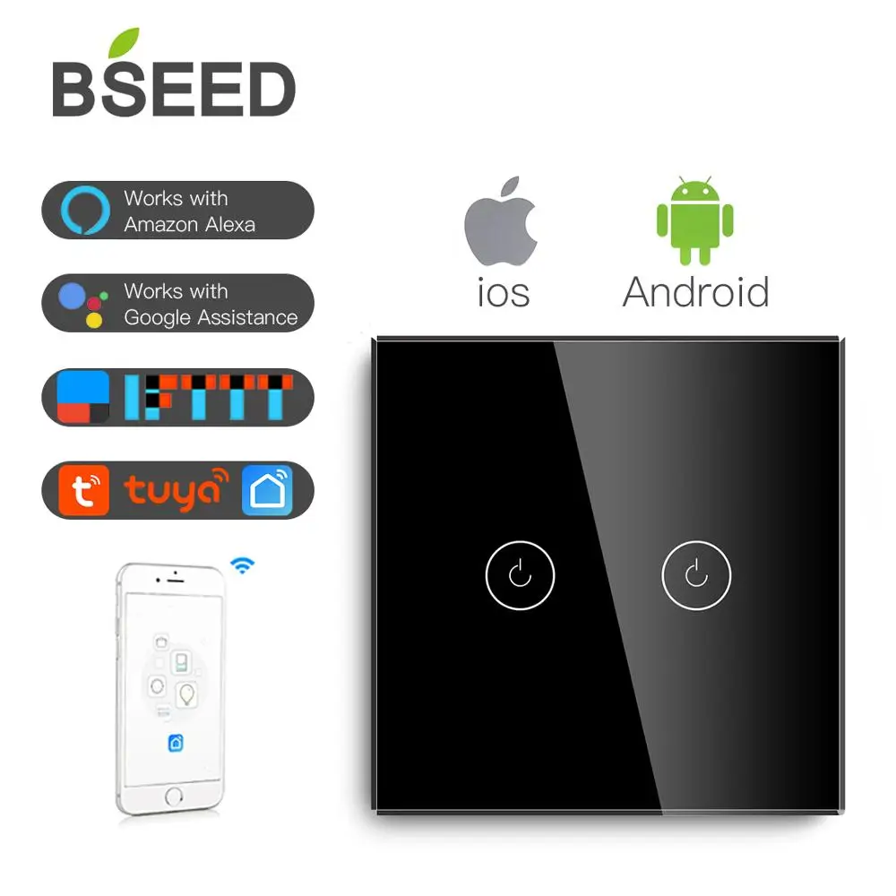 BSEED Light Touch Switch Wifi 2 Gang Smart Switch Wireless Wifi Switch