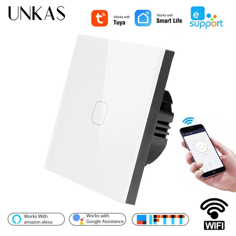 

UNKAS EU Standard Tuya/Smart Life/ewelink 1 Gang 1 Way WiFi Wall Light Touch Switch for Google Home Amazon Alexa Voice Control