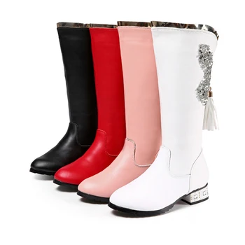 

Girls Tassel Long Boots Size28-40 Kids Low-heeled Genuine Leather Boots Winter Spring Princess Wedding Party Rhinestone Shoes
