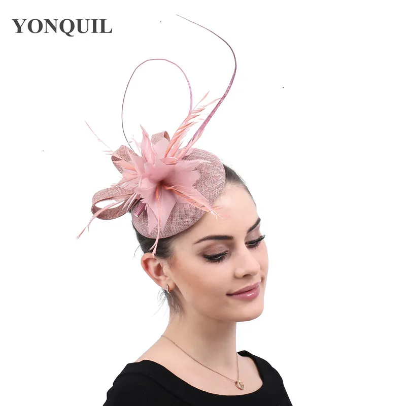 Персик свадьбы модное перо аксессуары Fascinator заколки для волос женская церковная фетровая шляпа шапки женские гонки чай Дерби головной убор повязка на голову