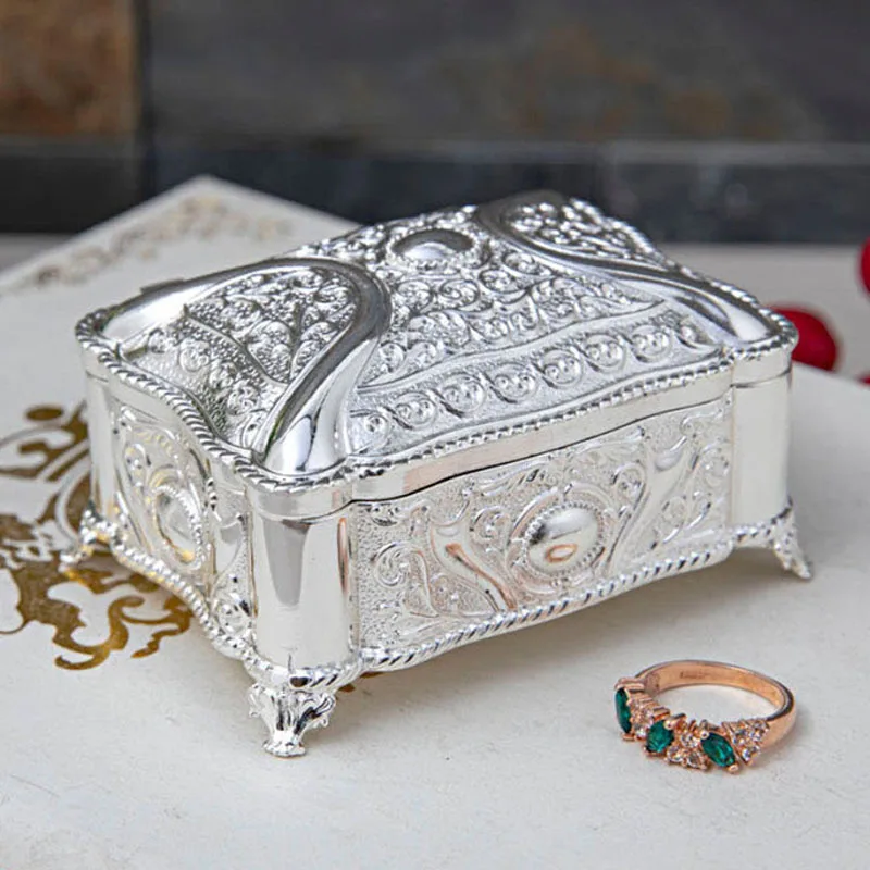 Retro Trinket Box Treasure Jewelry Box Antique zinc alloy silver color square small Rectangle Box Case for Girl Women