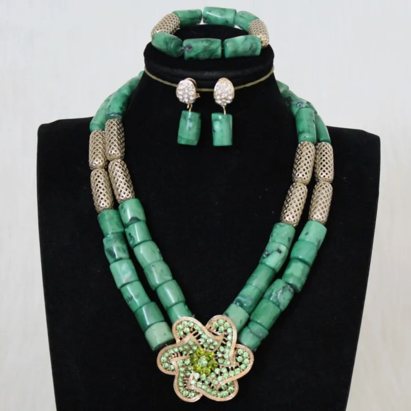 4UJewelry африканские украшения набор зеленое украшение с коралловыми бусинами набор с золотым разделителем 4 слоя нигерийский Свадебный набор ожерелье