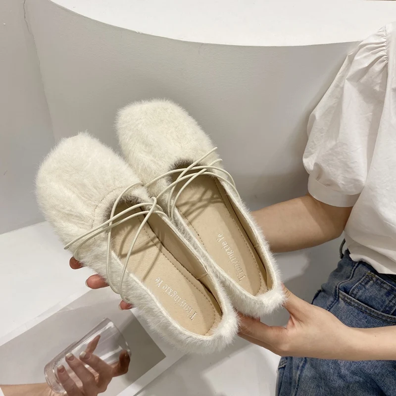 

Cross-ties Elastic Fur Ballet Flats Shoes Women Solid Square Toe Hairy Loafers Soft Soled Chic Autumn Winter Shallow Moccasins