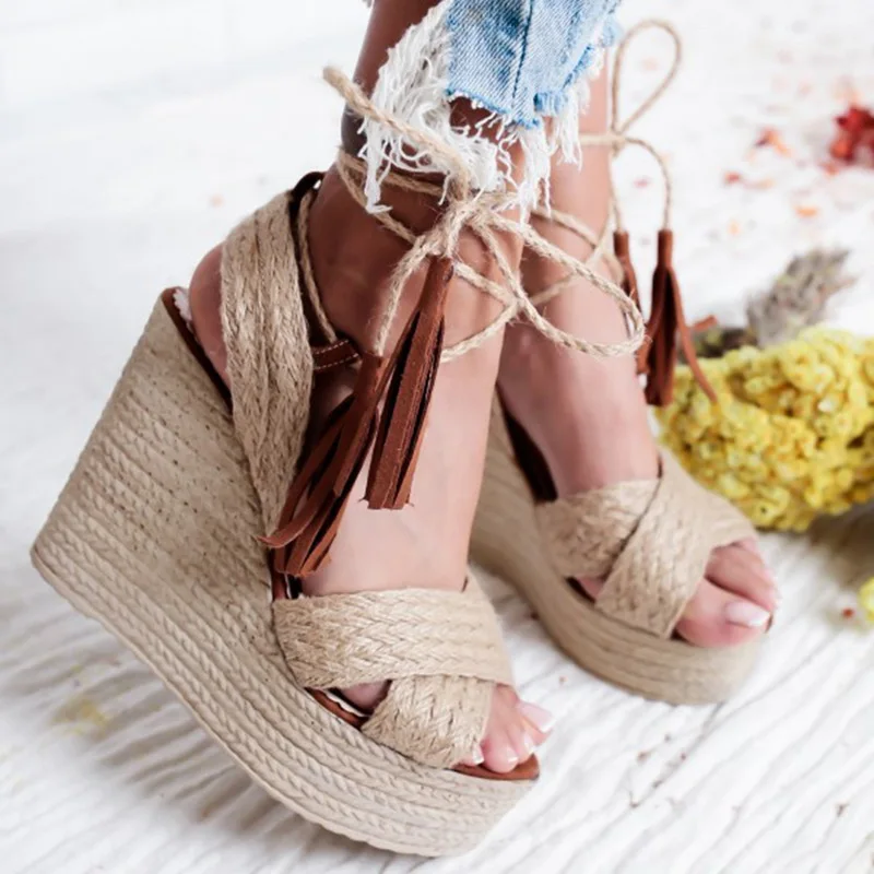 

2020 New Summer Women Wedges Sandals Hemp Boho Shoes Ladies Ankle Strap Tassel Platform Peep Toe Fashion Sandalias Lady Footwear