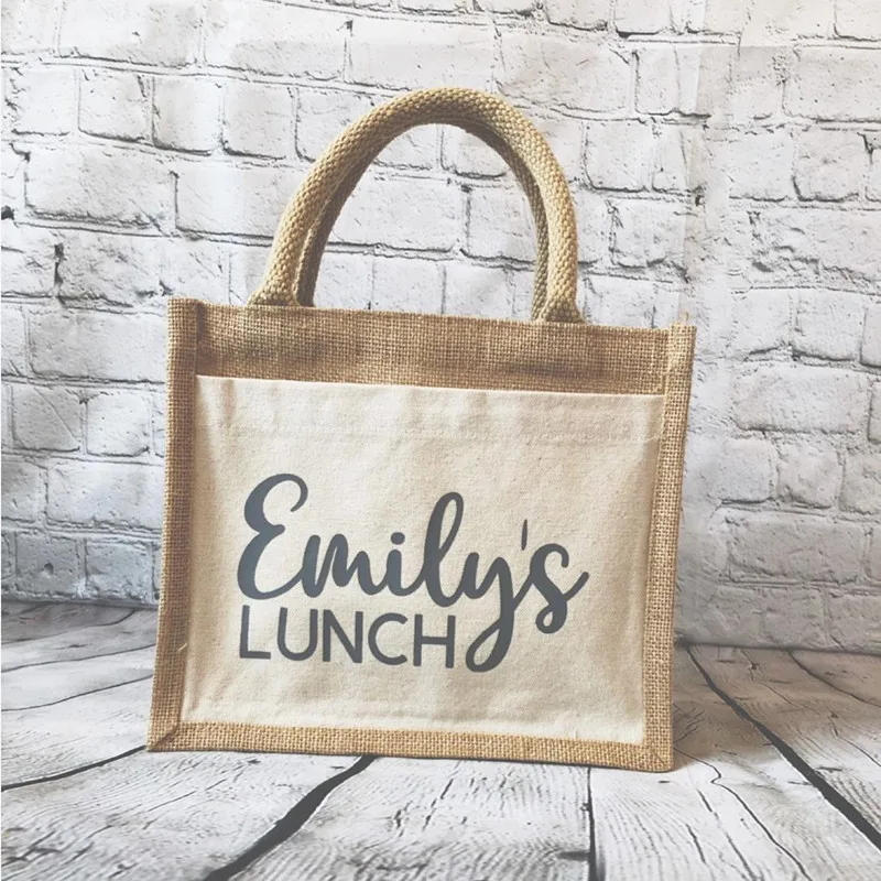

Personalized Jute Lunch Tote Bag with Name, Monogram Beach bags, Lunch Box, Jute Carryall, Burlap handBag, unique birthday gift