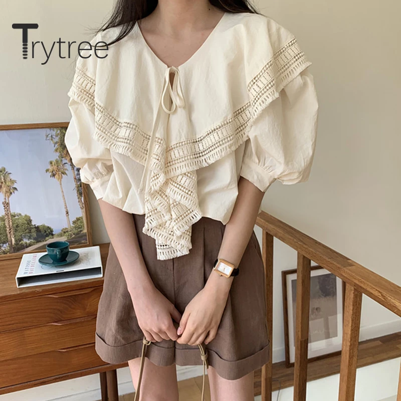 Женская Повседневная Блузка Trytree винтажная универсальная с оборками и рукавом до