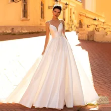 

Elegant Vestido De Noiva Simple Wedding Dresses A-line V-Neck Satin Spaghetti Straps Boho Wedding Gown Bridal Dresses