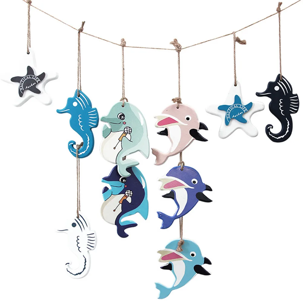 2018 New 1 PC Wooden Starfish Bunched Fish Pendant Hippocampus Wood Crafts Decoration Pendants Nautical Style Wall Ornament