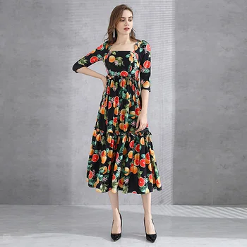 

Long Dress Spring Autumn Fashion New Women'S Party Casual Sexy Loose Vintage Elegant Chic Fruit Print Dresses