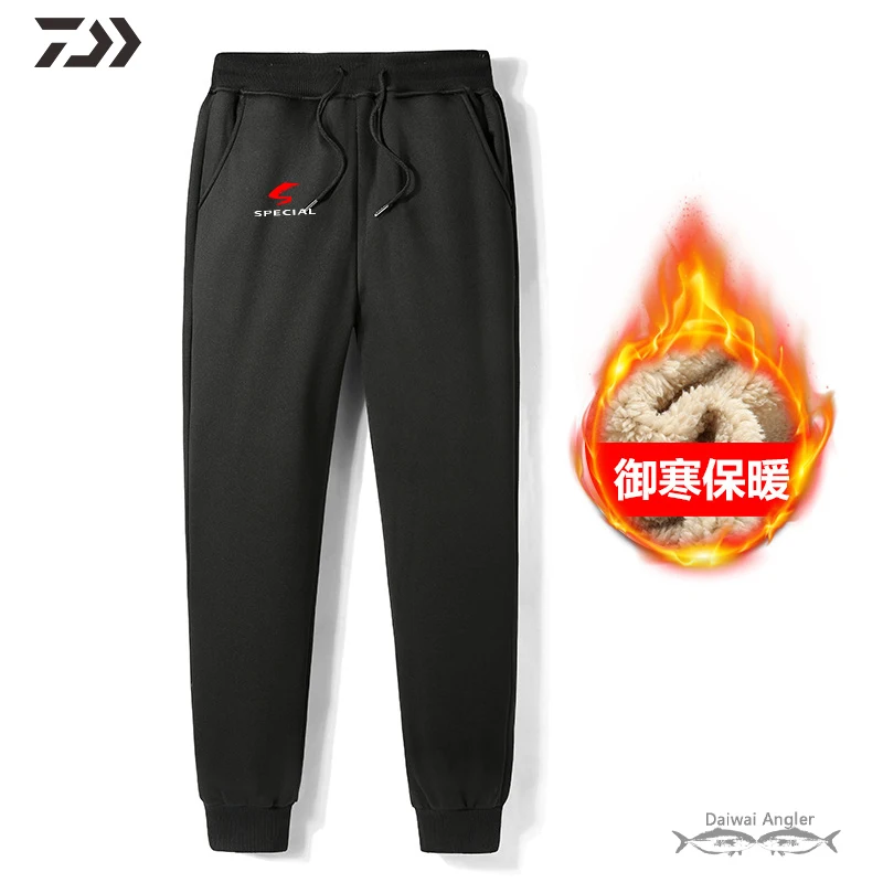 Свободные рыболовные брюки Daiwa, плотные, тепловые, зимние, мужские, на шнурке, бархатные, одноцветные, сохраняющие тепло, одежда для рыбалки на открытом воздухе, походные JerseysM-7XL - Цвет: Черный