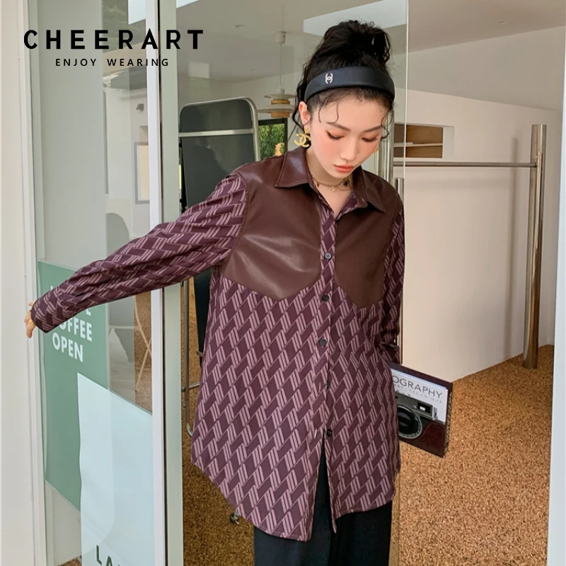 CHEERART Shacket Women Baggy Shirt Pu Leather Patchwork Button Up Collared  Shirt High Fashion Long Sleeve Blouse Fal Clothes - AliExpress