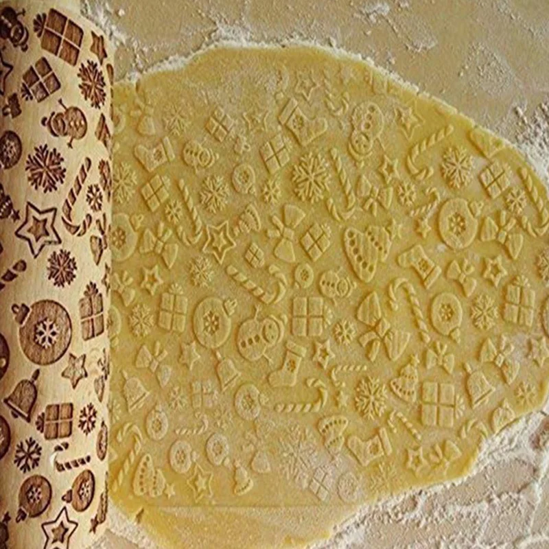 

Wooden Christmas Embossing Rolling Pin Ginger Bread Cookie Noodle Biscuit Fondant Cake Dough Engraved Roller Snowflake New
