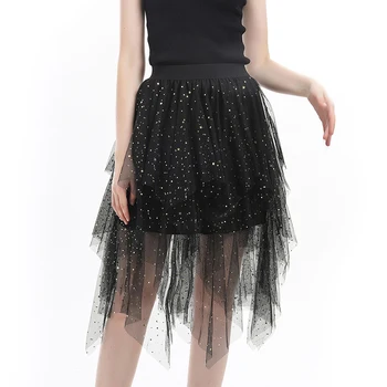 

Women Summer Tutu Lace Mesh Jupe Star Sequins Girl Skirt High Waist Fluffy Skirt Irregular Spodnica