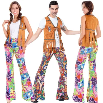 

Men Women Hippie Disco Costume Adult Carnival Party 60s 70s Retro Hippie Go Go Girl Disco Clothing Halloween Costume For Couple