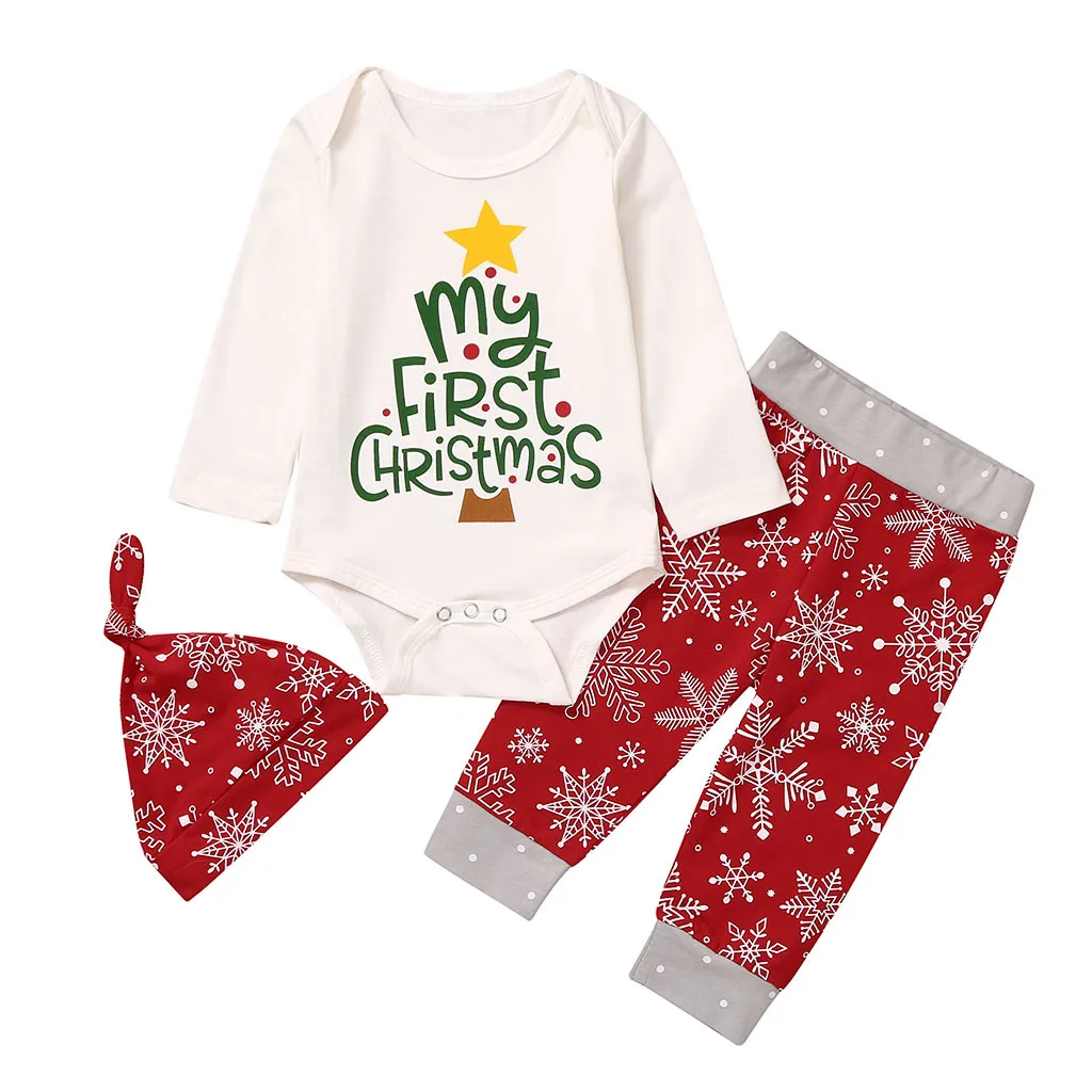 Мой первый Рождественский комплект одежды Одежда для маленьких мальчиков и девочек осенне-зимний комбинезон с буквенным принтом, боди+ штаны с рисунком+ шапка - Цвет: Red