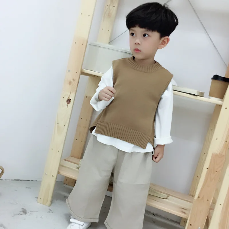

Men And Women Children Waistcoat 2019 Spring And Summer New Style Baby Crew Neck Knitted Vest Slit Versatile Tops Simple Sweater