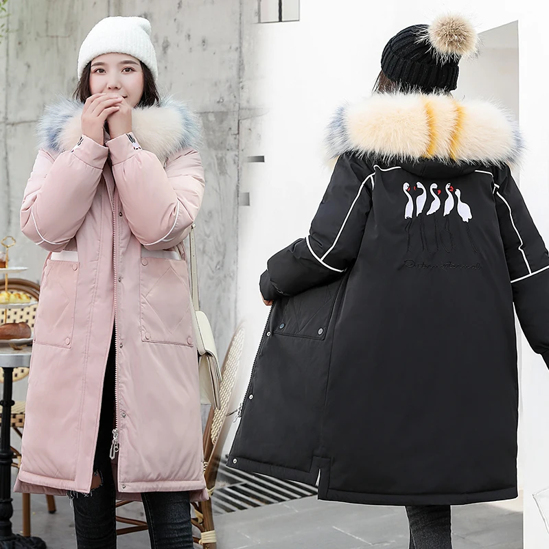 

Women Winter Long Jacket Embroidered Hooded Loose Women's Parkas Thick Fur Collar Korean Style Cotton Female Cold Coat