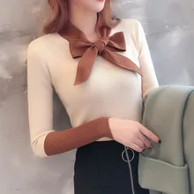 Sweet Sweater Women Autumn New Bow Decoration Casual Sweater V Neck Long Sleeve Stitching Design Knitted Pullover Sweater Sweet Sweater Women Autumn New Bow Decoration Casual Sweater V Neck Long Sleeve Stitching Design Knitted Pullover Sweater