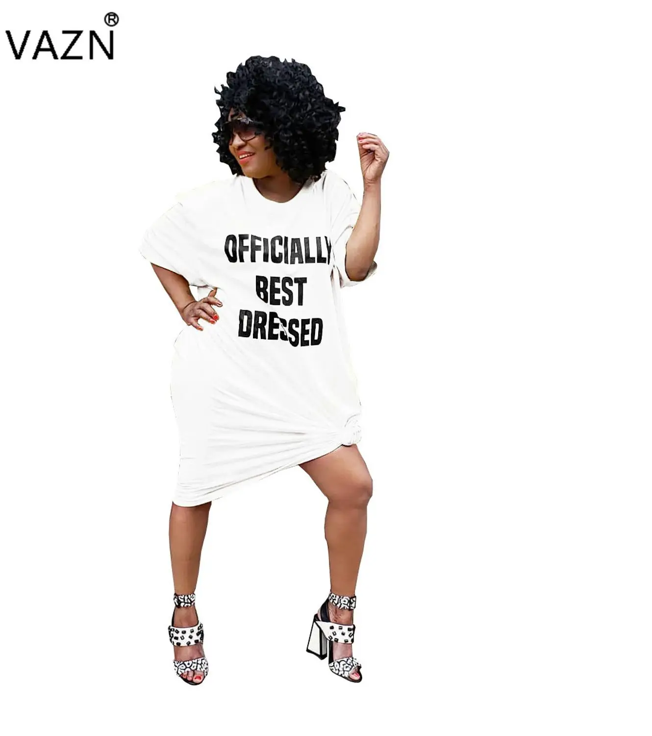 VAZN High Street Age Reduction style женское платье повседневное платье с круглым вырезом и буквенным принтом с рукавом средней длины Vestido DM8062 - Цвет: Белый