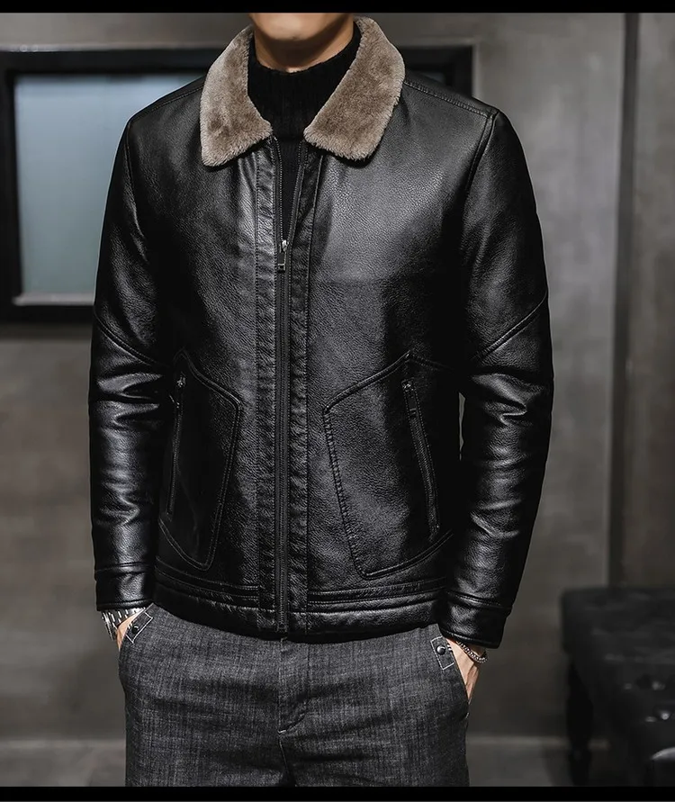 Зимняя кожаная куртка, мужские пальто, 4XL, брендовая Высококачественная верхняя одежда из искусственной кожи, мужская куртка из искусственного меха, мужские флисовые вельветовые толстые теплые кожаные куртки - Цвет: Черный