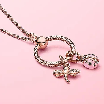 

new 100% 925 Sterling Silver 1:1 spring rose gold insect dragonfly letter O pendant necklace female