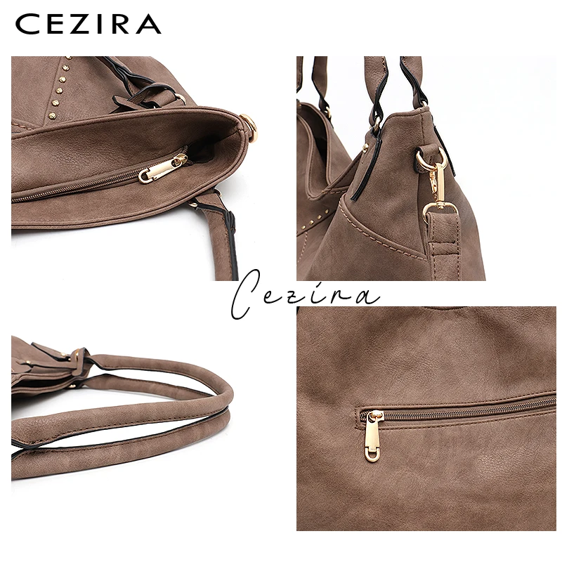 CEZIRA, большая женская модная сумка-тоут, женская большая сумка из Веганской кожи, высокое качество, искусственная кожа, сумка с заклепками, Женская Повседневная сумка через плечо