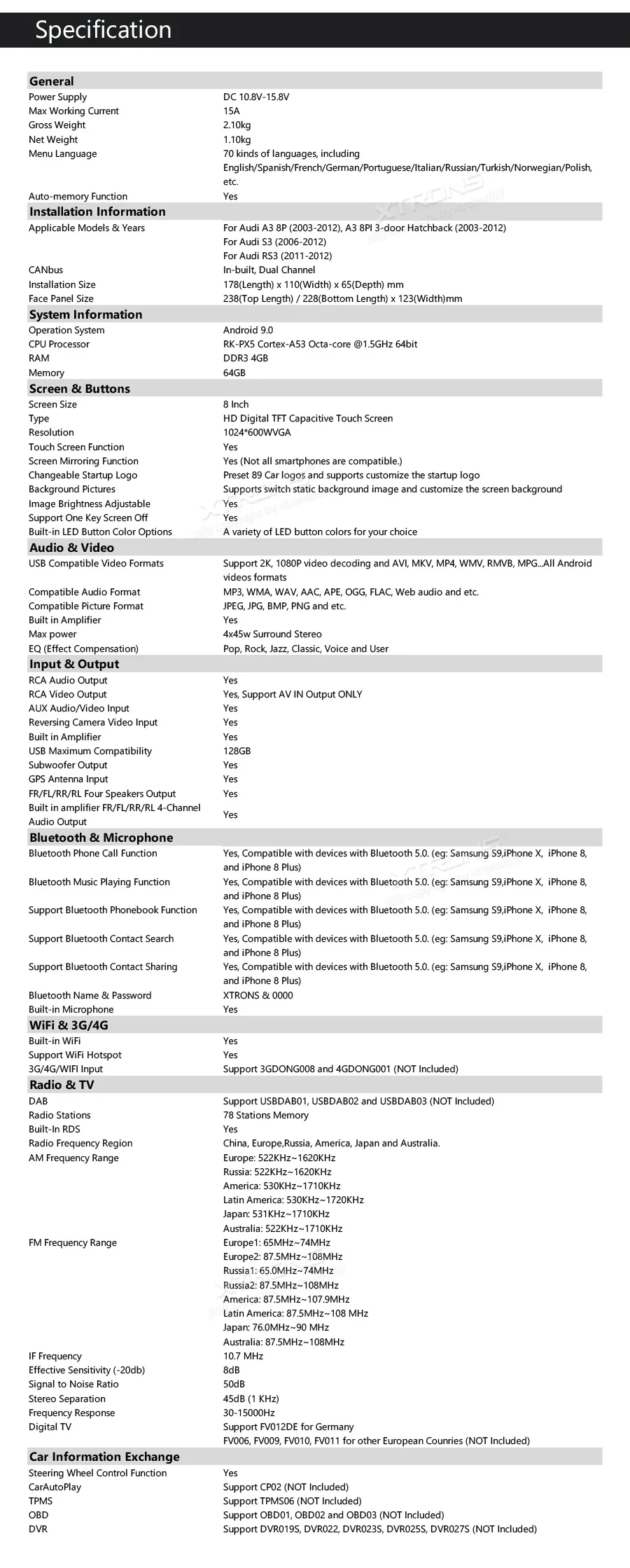 " Android 9,0 Автомобильный мультимедийный плеер gps Радио для Audi A3 2003-2012 и S3 2006-2012 и RS3 2011-2012 с дизайном Plug-and-Play