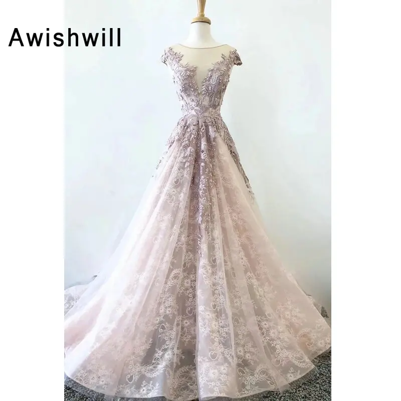 

New Arrival Lace Evening Dresses Long Cap Sleeve See-Through Back Beaded Appliques A Line Women Formal Dress Party