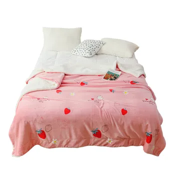 

Winter Double Layer Thick Blanket pink white flowers blanket Soft Warm Wool strawberry Blankets flannel fleece Throw On Sofa bed