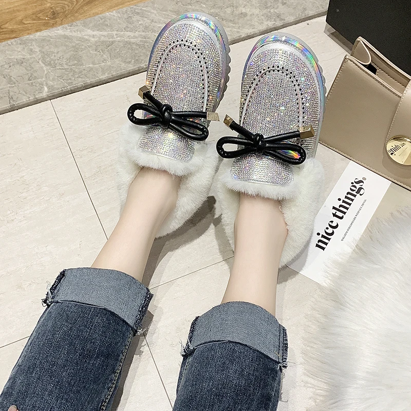 Shiny Glitter Snow Boots Women Fashion Warm Plush Ankle Boots Woman Non Slip Botas Mujer Butterfly-knot Decoration