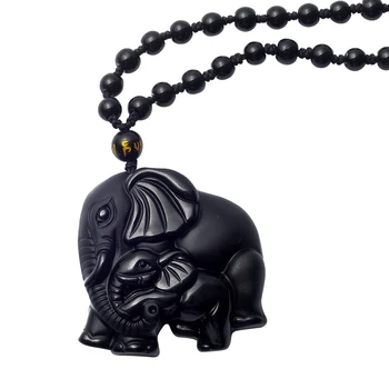 

Natural Black Obsidian Hand Carved Cute Elephant Lucky Pendant Beads Necklace Adjustable Chain Necklace Jewelry LUCK