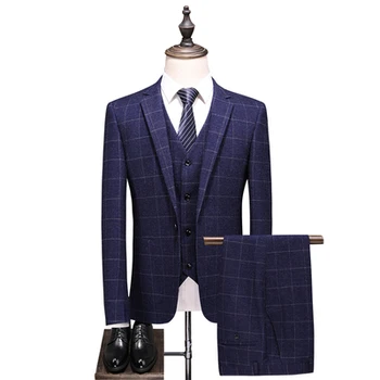 

Men's New Autumn Check One Button Business Casual Suit Youth Regular Fashion Banquet Three Piece Men's Suit